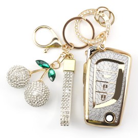 Rayslesan Sparkly Key Fob Cover with Cherry Keychain, Bling TPU Smart Key Case for Women, Compatible with Toyota 4Runner,Avalon,Camry Corolla Fortuner Highlander RAV4 LE (4-Button, Gold White)