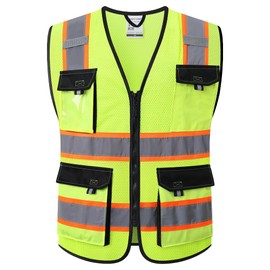 JKSafety Hi Vis Reflective Safety Vests for Men Women High Visibility Vest with Pockets Mesh Fabric Construction Safety Apparel Neon Vest for Work (220-Yellow XL)