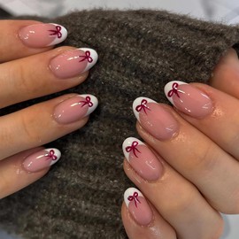 Almond Valentines Press on Nails White French Tip Fake Nails with Red Bow-knot Designs Cute Valentine Glue on Nails Glossy Medium Valentine Acrylic Nails Press ons Stick on Nails for Women