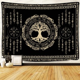 F-FUN SOUL Nordic Vikings Tapestry, 40x30inches Soft Flannel, Viking Yggdrasil Tree of Life Celtic Rune Scandinavian Aesthetic Mythology Tapestry Wall Hanging for Bedroom Living Room Decor GTZYFS1831