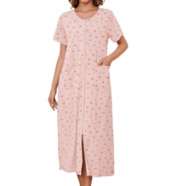Bloggerlove Womens Long Robe Plus Size Floral Print House Coats Mumu Dress Short Sleeve Front Zip Nightgowns with Pockets (Pink Floral/PureCotton X-Large)
