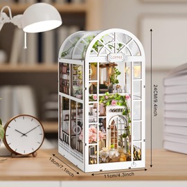 Foyucool DIY Book Nook Kit, Miniature Bookshelf Decor with LED Lights, Laser-Cut Wooden Craft Set for Adults, Creative Gift for Christmas, Birthday, Coffee Garden