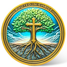 Christian Challenge Coin Rooted in Christ - Zinc Alloy, 1.57" Inspirational Coin with Cross and Tree Design, Perfect for Faith, Encouragement, and Collecting ﻿ ﻿