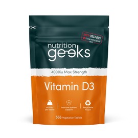 Nutrition Geeks, Vitamin D 4000 iu - 1 Year Supply, 365 Easy-Swallow Tablets Vegetarian D3 iu, High Strength Supplet UK Made VIT & Vitamins Awarded by The Independent