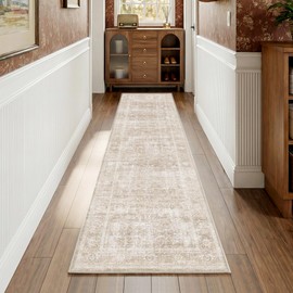 2x8 Hallway Runner Rug Washable Beige Neutral Vintage Distressed