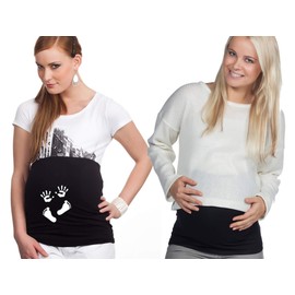 Mamaband Pregnancy Belly Band for Baby Ball in Double Pack 1 x Plain 1 x Print - Back Warmer and Shirt Extension for Pregnant Women - Elastic Maternity Wear, black/black