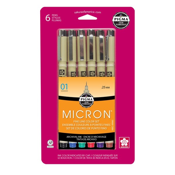 Sakura Pigma 30063 Micron Blister Card Ink Pen Set, Ass't Colors, 01 6CT Set
