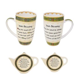 Irish Blessing Set - Bone China Coffee Mugs with May The Road Rise.. Tea, Tea Bag Holders, Kitchenware Gift (2 Mugs and 2 Tea Bag Holders)