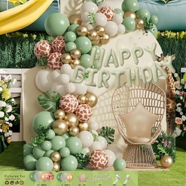 WELQUI Sage Green Gold Balloons Garland Kit,86 pcs Olive Green Gold Giraffe Spots Balloons Arch for Birthday Baby Shower Bridal Shower Engagement Wild One Party Decor