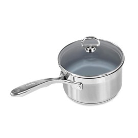 Chantal Induction 21 Steel 2 qt Non Stick Saucepan with Tempered Glass Lid, Ceramic Non Stick, Brushed Stainless Steel
