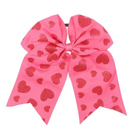 Valentine's Day Heart Hair Bows Ties Pink Bow Hair Tie for Girls 7 Inch Large Cheer Bows Glitter Love Heart Cheerleading Hair Bows Ponytail Holders Elastic Hair Ties Bands Valentines Hair Accessories