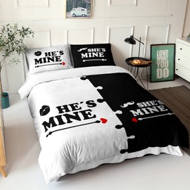 AILONEN "He's & She's Mine Pattern Duvet Cover Set Queen Size, Valentine Theme Black White Tint Bedding Set with Man Mustache Woman Lip Romance Quilt Cover and 2 Pillowcases