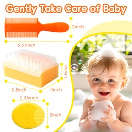 Cradle Cap Brush for Babies, Set of 5 Baby Bath Essentials with Bath Sponge Silicone Scrubber Long Handle Comb for Newborns Toddlers Boys Girls (Orange)