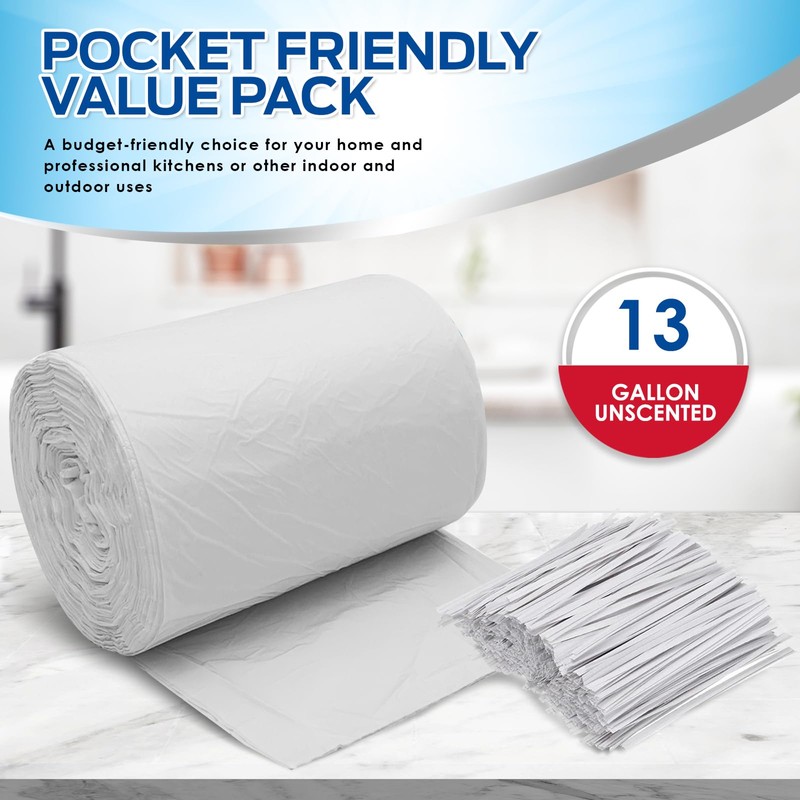 PAMI 13-Gallon Tall Garbage Bags [130-Pack, White] With Twist Ties
