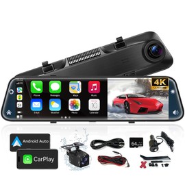 KOUENOM 4K Rear View Mirror Camera with Carplay&Android Auto,12" Mirror Dash Cam Front and Rear with Voice Control for Cars&Trucks,Smart Touch Screen,64GB Card Included/Parking Monitor/Reverse Assist