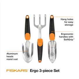 Fiskars 3-in-1 Garden Tool Set with Trowel, Transplanter & Cultivator, Ergonomic