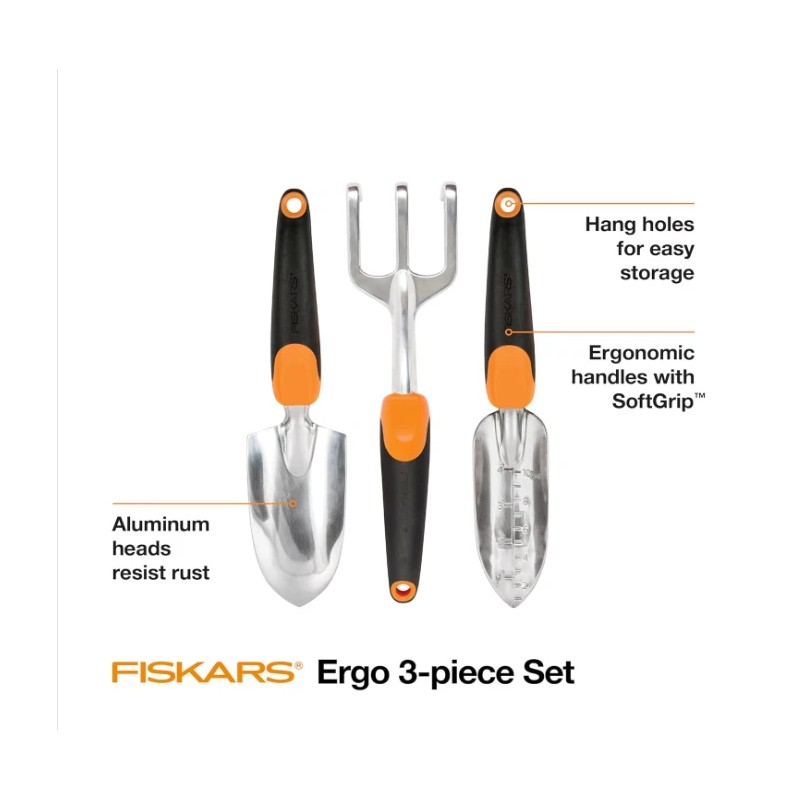 Fiskars 3-in-1 Garden Tool Set with Trowel, Transplanter & Cultivator,