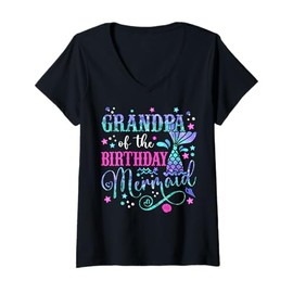 Womens Grandpa of The Birthday Mermaid Girl Bday Party Squad Family V-Neck T-Shirt