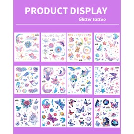 Onogola Glitter Temporary Tattoos for Women Girls, 12 Sheets Colorful Butterfly Wings Mermaid Unicorn Fake Tattoo Stickers Waterproof for Face Body Arm Makeup Birthday Party Favors Gifts