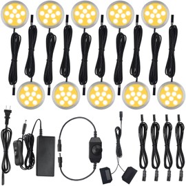 Meigour LED Puck Lights Kit for Under Cabinet Lighting, Rotary Dimmer Switch, Plug in & Hardwired, 110V AC Powered to DC12V, Black Cords, 10 Lights, Warm White