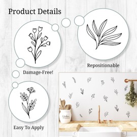 Small Black Flowers Peel and Stick Wall Decals - Set of 62 Flower Wall Stickers - 1"-4" Flower Wall Decor Floral Wall Decals