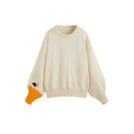 CIDER Women’s Goose Sweater Graphic Long Sleeve Cute Patterned Knit Pullover Sweater Tops: Ivory, 2XL