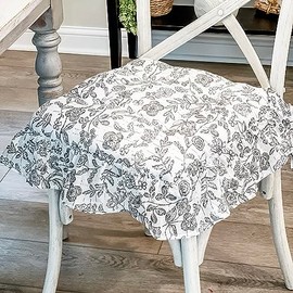 Piper Classics Gray Gables Ruffled Floral Chair Pad, 15" x 16", Gray and Off White Botanical Print Farmhouse Vintage Country Cottage Kitchen Dining Chair Cushion