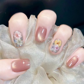 BQZQPAMZ 10pcs Pink Fake Nails Square Round Flower Press Nails Short Square Round Dried Flower False Nails With Glue Full Coverage Acrylic Nails for Women DIY Summer Glossy Floral Manicure Decoration