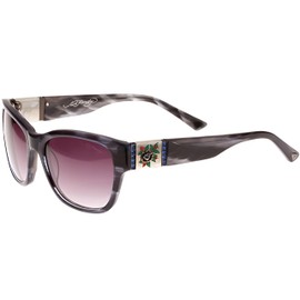 Ed Hardy Black Rose Gray Horn Sunglasses with Leather Case