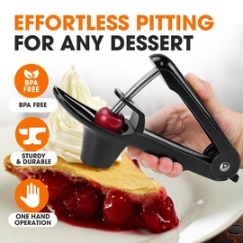 Cheer Collection Stainless Steel Cherry and Olive Pitter – Small Cherry Pitter Tool for Easy Seed Removal, Pit Remover & Olive Press, Ergonomic One-Hand Design for Quick and Mess-Free Pitting,Black