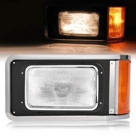 HECASA Left Headlight W/Bezel Compatible with 1990-2017 Mack CH613 SFA Hood Truck Replacement for 2M0516CM 116QS544M Headlamp Set Driver Side Halogen W/Turn Signal Bulb Clear & Amber Lens