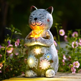 Yeomoo Cat Decoration with Butterflies, Solar Garden Decoration for Outdoor Use - Cat Figures Solar Decoration Funny Cat Gifts for Women Mum Birthday Cat Lovers Waterproof Balcony Room Patio