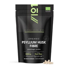 Organic Fibre Supplement 5000mg Psyllium Husk - Natural Prebiotic Fibre Supplement from Raw Plantago Ovata Seeds - 90 Vegan Capsules - Resealable and Recyclable Pouch by Alpha01
