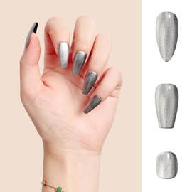 Sun&Beam Nails Handmade Press-on Medium Long Almond Black Silver Cat Eye Design Charming False Nail Tips 10 Pcs (#125 XS)