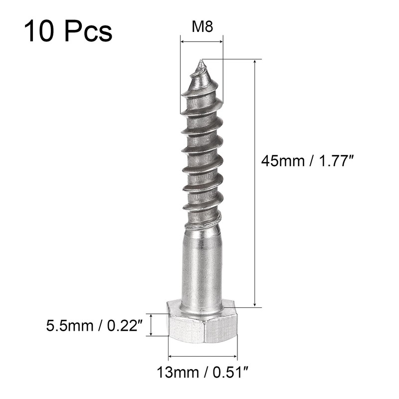 sourcing map Hex Lag Screws, M8 x 45mm 304 Stainless