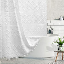 Extra Long White Textured Woven Fabric Boho Shower Curtain with Tassels 72 x 84 Modern Farmhouse Minimalist, Tufted Chevron Striped Shabby Chic, Water Resistant Cloth Curtain for Bathroom, Hotel Decor