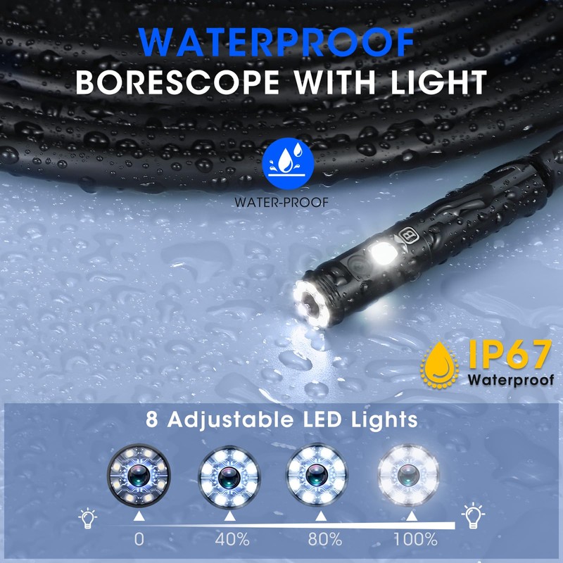 Triple Lens Borescope with 5" IPS Screen, 1920P HD Inspection
