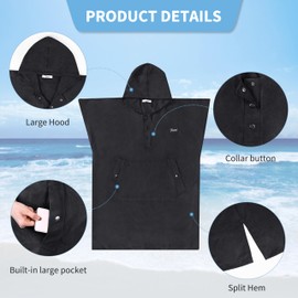 Kato Tirrinia Mikrofaser Bade Surf Poncho für Herren Damen Erwachsene, große Kapuze Strandtuch Poncho, Camping Reisen Outdoor, Kragen Knopf Strand Poncho, Bademantel Bequem Reisen Sauna, Schwarz