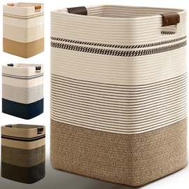 Degeyoyo Laundry Hamper, 95L Tall Laundry Basket with Leather Handles, Rectangle Large Clothes Hamper for Organizing, Cotton Woven Laundry Baskets Storage Hampers for Bedroom, Nursery, Living Room