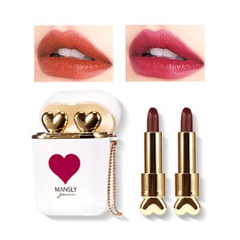 LAMUSELAND Matte Lipstick, 2Pc/Set Waterproof Long Lasting Moisturizing Lip Stain Earphone Dual-color Lip Gloss Primer, Non-stick Cup Lip Make Up Gift Kit for Girls (Gold)