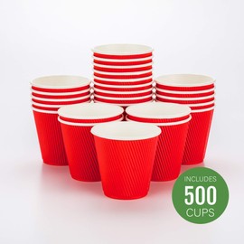 Restaurantware 8 Ounce Double Wall Disposable Coffee Cups, 500 Insulated Red Paper Tumblers with Ripple Wall Design, Lids Sold Separately for Hot Drinks like Tea, Hot Chocolate, and More