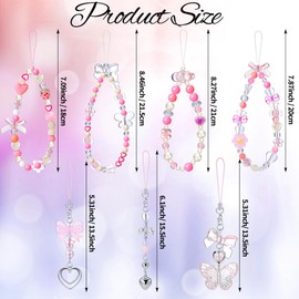 Relaxweex 7 pieces Mobile Phone Charms Cute Beaded Phone Lanyard Wrist Strap Aesthetic Y2K Cell Phone Keychain Heart Butterfly Candy Phone Charm for Women Girls Phone Car Key Purse Decoration