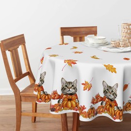 Artoid Mode Cats Maple Leaves Scarves Pumpkins Autumn Table Cloth, Round 140 cm Fall Decorative Table Cover Protector For Party Home Table Decorations