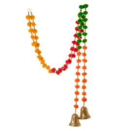 Aditri Creation Set of 2 Strings Multicolour Pom Garlands with Bell Traditional Door Hanging,ations for Wall Temple Kids Room,Bohemian Interiors,Gifting&Party Supplies(Size :- 72 Inch Approx), Mix