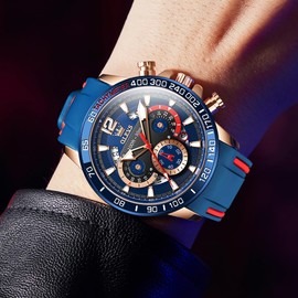 OLEVS Blue Mens Watches Military Sport Waterproof Big Face Chronograph Watch Luminous Silicon Strap Casual Watches for Men Fashion Reloj para Hombre Business Wrist Watch