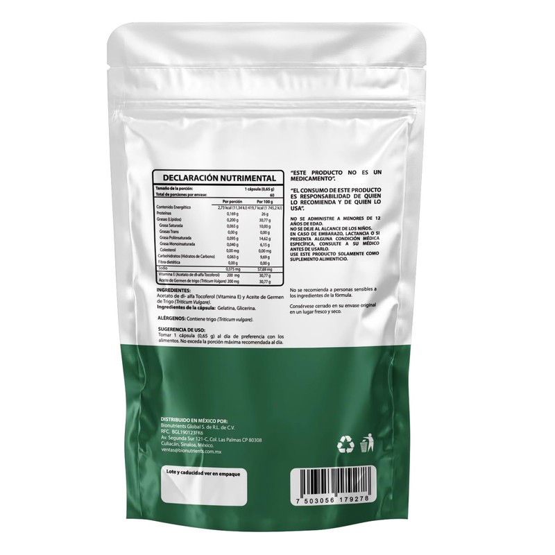 Wellthy Vitamina E 60 Cápsulas. 200mg de Vitamina E por