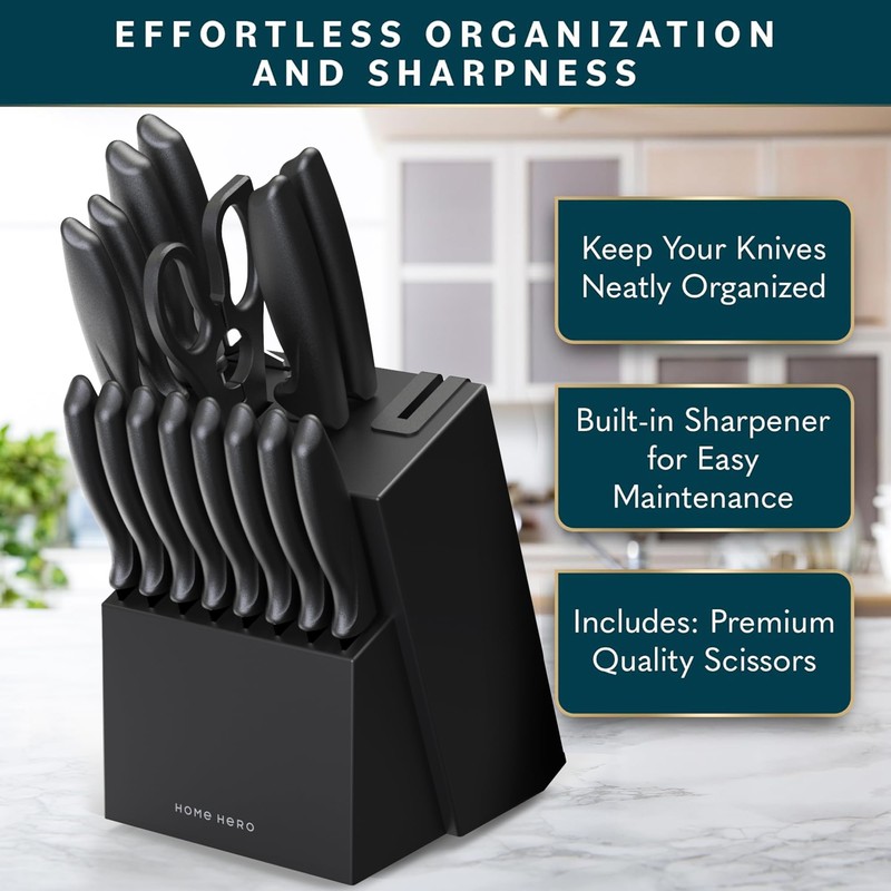 Home Hero Kitchen Knife Set with Sharpener - High Carbon