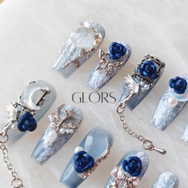 GLORS Handmade Press On Nails, 3D Blue Rose Design with Moon Charms, Long Coffin Style, 10 Pieces (XS, LC)