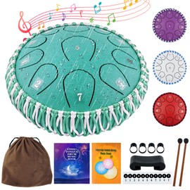 Oun Nana Steel Tongue Drum Rain Chime for Outside Musical Sound Healing Instruments, 6 Inches 11 Notes Rain Drum for Adults Kids with Mallets, Music Book, Storage Bag, Green