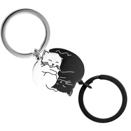 BUOKSLLY 2 x Pair of Key Rings Cat - Romantic Partner Gifts, Couple Gifts, Gift for Lover, Couple Gifts, Gifts for Couples (Black, Silver), multicoloured